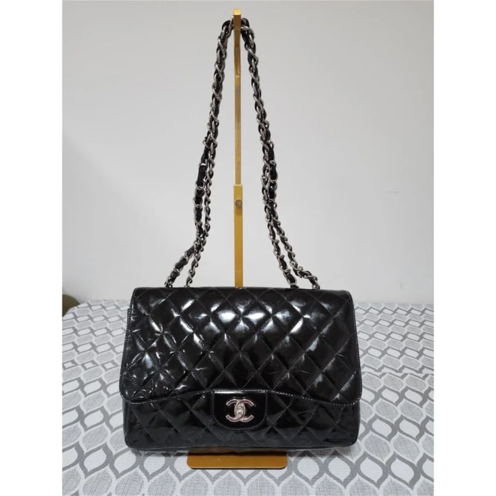 Authentic Chanel Quilted Patent Leather Maxi Classic Single Flap Bag